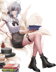 Rule 34 | 1girl, absurdres, ahoge, black choker, black footwear, black nails, black skirt, book, boots, bottle, breasts, character request, choker, closed mouth, copyright request, crossed legs, eyepatch, flower, full body, hair ribbon, hat, highres, holding, holding book, legs, lips, long hair, looking at viewer, mole, mole under eye, nail polish, resolution mismatch, ribbon, school uniform, shirt, silver hair, sitting, skirt, smile, socks, solo, source smaller, white background, white shirt, yellow eyes, yf (hbyg)