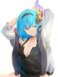 Rule 34 | 1girl, arms up, black hairband, black shirt, blue eyes, blue hair, breasts, cleavage, closed mouth, collarbone, djeeta (granblue fantasy), granblue fantasy, grey jacket, guider to the eternal edge, hair intakes, hairband, highres, jacket, long hair, long sleeves, medium breasts, open clothes, open jacket, pochi-a, shirt, simple background, sleeveless, sleeveless shirt, smile, solo, upper body, white background