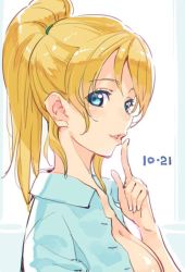 Rule 34 | 10s, 1girl, ayase eli, blonde hair, blue eyes, breasts, dated, finger to mouth, haruno shuu, lips, long hair, love live!, love live! school idol project, medium breasts, open clothes, open shirt, ponytail, shirt, shishigomi, shushing, solo
