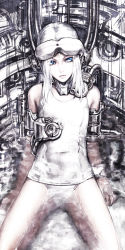 Rule 34 | 1girl, blue eyes, cable, head-mounted display, highres, iwai ryou, looking at viewer, machine, mecha, one-piece swimsuit, original, pale skin, partially submerged, robot, school swimsuit, science fiction, solo, swimsuit, water, white hair, white school swimsuit, white one-piece swimsuit