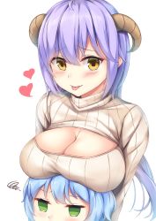 Rule 34 | 2girls, blue hair, blush, breast rest, breasts, breasts on head, brown eyes, brown sweater, cleavage, commentary request, curled horns, empty eyes, green eyes, hair between eyes, heart, highres, hinoka (allen), horns, large breasts, long hair, looking at viewer, meme attire, multiple girls, open-chest sweater, original, purple hair, ribbed sweater, sidelocks, simple background, squiggle, sweater, tongue, tongue out, turtleneck, turtleneck sweater, very long hair, white background