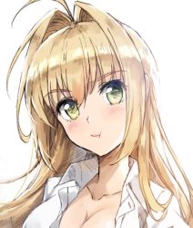 Rule 34 | 1girl, :t, ahoge, alternate hairstyle, blonde hair, blush, breasts, cleavage, collared shirt, commentary request, fate/grand order, fate (series), green eyes, hair intakes, large breasts, long hair, looking at viewer, naked shirt, nero claudius (fate), nero claudius (fate) (all), nero claudius (fate/extra), pout, shirt, simple background, solo, tonee, upper body, white background, white shirt, wing collar