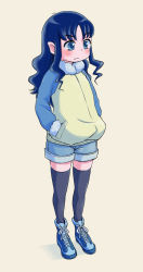 Rule 34 | 10s, 1girl, black thighhighs, blue eyes, blue hair, coat, contemporary, female focus, frown, full body, hands in pockets, heartcatch precure!, kurumi erika, long hair, matching hair/eyes, mochimomomo, pointy ears, precure, raglan sleeves, shoes, shorts, sidelocks, sneakers, solo, thighhighs