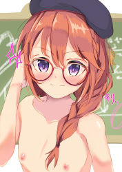Rule 34 | 1girl, absurdres, beret, braid, breasts, flat chest, glasses, hat, highres, kamiya moko, looking at viewer, nipples, nude, orange hair, princess connect!, purple eyes, small breasts, smile, solo, yuni (princess connect!)