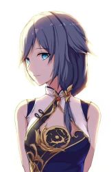 Rule 34 | 1girl, bare shoulders, blue eyes, china dress, chinese clothes, dress, fu hua, fu hua (valkyrie accipiter), hair between eyes, hair ornament, honkai (series), honkai impact 3rd, kojo (0124), long hair, looking at viewer, ponytail, simple background, sleeveless, smile, solo, white background