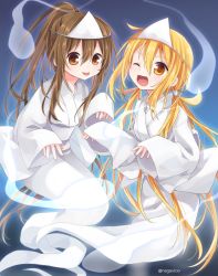 Rule 34 | 2girls, alternate costume, blonde hair, blush, brown eyes, brown hair, commission, fumizuki (kancolle), ghost, ghost tail, hair between eyes, japanese clothes, kantai collection, long hair, long sleeves, looking at viewer, low twintails, multiple girls, nagasioo, one eye closed, open mouth, ponytail, satsuki (kancolle), sidelocks, simple background, skeb commission, tongue, tongue out, triangular headpiece, twintails, twitter username, very long hair, wide sleeves, yellow eyes