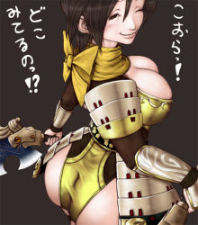 Rule 34 | 1girl, armor, ass, breasts, brown eyes, brown hair, cleavage, dagger, female focus, knife, leotard, looking back, nene, nix (ak-style), one eye closed, ribbon, sengoku musou, sengoku musou 2, sengoku musou 3, short hair, solo, translation request, weapon, wedgie, wink, yellow ribbon