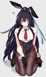 Rule 34 | 1boy, animal ears, black eyes, black footwear, black gloves, black hair, black leotard, blue eyes, blush, brown pantyhose, chinese knot, closed mouth, collared shirt, fake animal ears, gloves, heterochromia, high heels, high ponytail, highres, hong lu (project moon), kneeling, leotard, limbus company, long hair, looking to the side, male focus, male playboy bunny, necktie, pantyhose, project moon, rabbit ears, red necktie, shiki (shikki46), shirt, simple background, solo, tie clip, very long hair, white background, white shirt, wrist cuffs