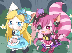 Rule 34 | 2girls, alice (cat busters), artist request, blonde hair, blue eyes, boots, cat, cat busters, cheshire (cat busters), eyepatch, forest, furry, hat, long hair, mini hat, multiple girls, nature, night, outdoors, pink hair, short hair