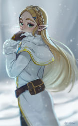Rule 34 | 1girl, belt, blonde hair, braid, capelet, coat, commentary request, crown braid, fur trim, gloves, green eyes, hair ornament, hairclip, long hair, looking at viewer, looking back, nintendo, otton, pointy ears, pouch, princess zelda, snow, solo, the legend of zelda, the legend of zelda: breath of the wild, twitter username, winter clothes, winter coat