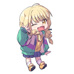 Rule 34 | 1girl, ;d, blonde hair, blue skirt, braid, chibi, chibi only, fang, fujita kotone, full body, gakuen idolmaster, highres, hobgoblin-kim, idolmaster, jacket, looking at viewer, multicolored clothes, multicolored jacket, one eye closed, open mouth, pleated skirt, shirt, simple background, skin fang, skirt, smile, socks, solo, twin braids, v, white background, white socks, yellow shirt