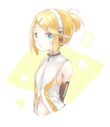 Rule 34 | 1girl, :o, alternate hairstyle, aqua eyes, arms behind back, bad id, bad twitter id, bare shoulders, blonde hair, choker, detached sleeves, hair ornament, hairclip, headphones, headset, highres, kagamine rin, kagamine rin (append), looking at viewer, navel, open mouth, oyamada (pi0v0jg), short hair, short ponytail, solo, treble clef, upper body, vocaloid, vocaloid append