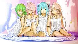 Rule 34 | 4girls, ahoge, amputee, aqua eyes, aqua hair, blue eyes, braid, doll, doll joints, dress, green eyes, green hair, gumi, hatsune miku, highres, ia (vocaloid), joints, long hair, looking at viewer, loundraw, megurine luka, multiple girls, open mouth, pink eyes, pink hair, sitting, skirt, smile, twin braids, twintails, vocaloid, white dress, white skirt
