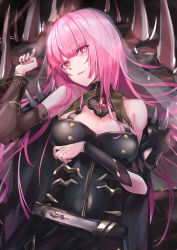 Rule 34 | 1girl, black cape, black dress, bracer, breasts, cape, cleavage, cleavage cutout, clothing cutout, detached sleeves, dress, head tilt, highres, hololive, hololive english, kie (yospcd), long hair, lying, medium breasts, mori calliope, off shoulder, on back, red eyes, see-through, see-through sleeves, single detached sleeve, smile, solo, spikes, tiara, veil, very long hair, virtual youtuber