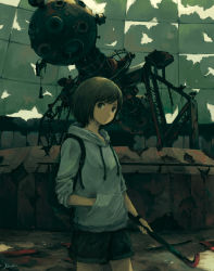 Rule 34 | 1girl, backpack, bag, brown eyes, brown hair, closed mouth, commentary, cowboy shot, crowbar, dome, hand in pocket, highres, holding, holding crowbar, hood, hood down, hoodie, indoors, kensight328, looking at viewer, looking to the side, original, post-apocalypse, railing, rubble, ruins, rust, sculpture, short hair, shorts, signature, sleeves rolled up, solo, standing, swept bangs, wristband
