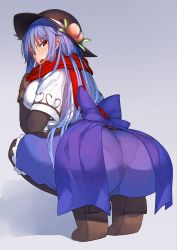 Rule 34 | &gt;:o, 1girl, :o, absurdres, ass, black footwear, black hat, black pantyhose, blue hair, blue skirt, blush, breasts, brown gloves, food, fruit, full body, gloves, hat, highres, hinanawi tenshi, huge ass, large breasts, leaf, long hair, looking at viewer, looking back, neropaso, open mouth, panties, panties under pantyhose, pantyhose, peach, rainbow order, red eyes, red scarf, scarf, see-through, shoes, skirt, solo, squatting, touhou, tsundere, undershirt, underwear, v-shaped eyebrows