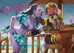 Rule 34 | 2girls, alternate costume, arm tattoo, armlet, bracelet, breasts, character name, cleavage, colored skin, cote d&#039;azur widowmaker, cup, dark-skinned female, dark skin, drinking glass, eyewear on head, goggles, goggles on head, jewelry, judy kong, leaning forward, lipstick, makeup, midriff, mole, mole under eye, multiple girls, navel, official alternate costume, overwatch, overwatch 1, purple hair, purple lips, purple skin, rebreather, scuba gear, sitting, sombra (overwatch), sunglasses, swimsuit, tattoo, widowmaker (overwatch), wine glass, yellow eyes