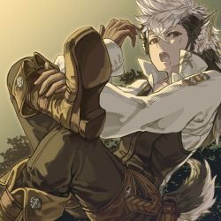 Rule 34 | 1boy, animal ear fluff, animal ears, arm up, badge, bag, black hair, black jacket, black pants, blood, blood on face, boots, brown eyes, brown footwear, brown gloves, bush, collarbone, cross scar, dated commentary, european clothes, facial scar, fire emblem, fire emblem fates, foreshortening, gloves, hair between eyes, harusame (rueken), high collar, jacket, keaton (fire emblem), leaning back, leg up, long hair, long sleeves, looking at viewer, male focus, multicolored hair, nintendo, open mouth, pants, reclining, scar, scar on cheek, scar on face, shirt, solo, tail, teeth, two-tone hair, white hair, white shirt, wolf boy, wolf ears, wolf tail