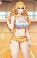 Rule 34 | 1girl, absurdres, ahoge, alternate costume, artist name, bare shoulders, blonde hair, blurry, blurry background, breasts, buruma, collarbone, copyright name, grin, gym, gym uniform, hand up, highres, indoors, jersey, large breasts, long hair, looking at viewer, midriff, navel, number print, one eye closed, purple eyes, rwby, smile, solo, sports bra, stomach, teeth, tehshraid, thighs, v, wavy hair, yang xiao long, yellow buruma