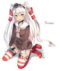Rule 34 | 1girl, absurdres, amatsukaze (kancolle), aru16, blush, brown dress, character name, dress, garter straps, hair between eyes, hair tubes, highres, innertube, kantai collection, long hair, long sleeves, open mouth, rudder footwear, sailor collar, sailor dress, shadow, simple background, sitting, solo, striped clothes, striped thighhighs, swim ring, thighhighs, two side up, white background, white hair, yellow eyes