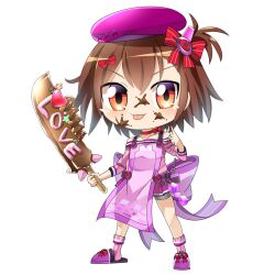 Rule 34 | 1girl, apron, beret, black shorts, bow, brown hair, character request, chibi, chocolate, chocolate on face, chocolate weapon, closed mouth, commentary request, cube, food, food on face, full body, hair bow, hat, holding, holding sword, holding weapon, hop step jumpers, icing, lets0020, looking at viewer, medium bangs, off-shoulder shirt, off shoulder, one side up, orange eyes, pink apron, pink shirt, pink socks, purple footwear, purple hat, red bow, shirt, short hair, shorts, simple background, slippers, smile, socks, solo, sword, tongue, tongue out, transparent background, v-shaped eyebrows, weapon, whisk