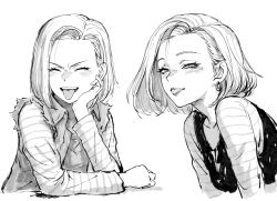 Rule 34 | 1girl, android 18, blush, dragon ball, dragonball z, dual persona, earrings, closed eyes, fujii eishun, greyscale, half-closed eyes, hand on own face, highres, jewelry, looking at viewer, monochrome, multiple views, short hair, tongue, tongue out, upper body, v-shaped eyebrows