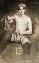 Rule 34 | 1boy, abs, absurdres, art of neight, boots, cup, hand on penis, highres, levi (shingeki no kyojin), looking at viewer, male focus, monochrome, on chair, penis, sepia, shingeki no kyojin, sitting, solo, solo focus, teacup, topless male