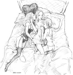 Rule 34 | 00s, 3girls, ass, bed, camisole, clare (claymore), claymore (series), eva-st-clare, fff threesome, greyscale, group sex, irene, lingerie, monochrome, multiple girls, nightgown, panties, sex, teresa, thighhighs, threesome, underwear, yuri