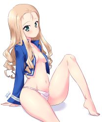 Rule 34 | 1girl, arm support, barefoot, bc freedom military uniform, blonde hair, blue jacket, blush, breasts, closed mouth, commentary, dated, drill hair, girls und panzer, green eyes, highres, jacket, kuzuryuu kennosuke, legs, long hair, long sleeves, looking at viewer, marie (girls und panzer), medium breasts, military, military uniform, navel, no bra, no pants, no shirt, one-hour drawing challenge, panties, shadow, simple background, sitting, solo, twitter username, underwear, uniform, white background, white panties
