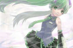 Rule 34 | 1girl, female focus, floating hair, gradient background, green eyes, green hair, hatsune miku, light smile, masuchi, matching hair/eyes, solo, twintails, vocaloid, white background, wind