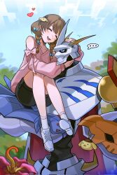 Rule 34 | ..., 1girl, 2others, black shorts, braid, brown hair, cape, closed eyes, corrupted twitter file, digimon, digimon (creature), dog hair ornament, fusion, hair ornament, highres, looking at another, medium hair, multiple others, omegamon, open mouth, palmon, pink shirt, sanrio, shirt, shoes, short shorts, shorts, sitting on shoulder, socks, speech bubble, twin braids, white footwear, white socks, yqz0104
