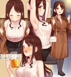 Rule 34 | 1girl, :d, armpits, arms up, bag, bare arms, bare shoulders, black footwear, black pantyhose, black skirt, breasts, breath, brown coat, brown hair, closed eyes, coat, cup, drinking glass, handbag, high heels, highres, holding, large breasts, long hair, long sleeves, looking at viewer, miniskirt, mizukoshi (marumi), motion lines, multiple views, off shoulder, open mouth, orange eyes, original, pantyhose, parted lips, pencil skirt, ribbed sweater, sitting, skirt, sleeveless, sleeveless sweater, sleeveless turtleneck, smile, standing, sweater, turtleneck, turtleneck sweater, undressing, very long hair, white sweater