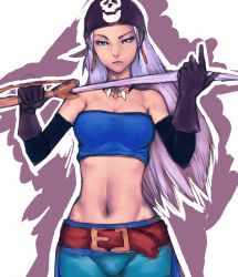 Rule 34 | 00s, 1girl, bandana, belt, blue dragon, earrings, fumio (rsqkr), gloves, jewelry, midriff, necklace, pirate, silver hair, solo, sword, weapon, zola (blue dragon)