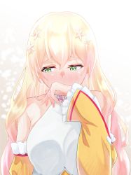 Rule 34 | 1girl, absurdres, alternate hairstyle, bare shoulders, blonde hair, blush, breasts, covering own mouth, detached sleeves, fingernails, flower, gradient hair, green eyes, hair between eyes, hair down, hair flower, hair ornament, hamacha (haruharu000618), hand over own mouth, highres, hololive, long hair, looking away, medium breasts, momosuzu nene, multicolored hair, nose blush, pink hair, shirt, sleeveless, sleeveless shirt, solo, upper body, virtual youtuber, white shirt, yellow sleeves