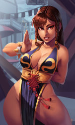 Rule 34 | 1girl, absurdres, alternate hairstyle, arm behind back, black dress, bracelet, braid, breasts, brown hair, capcom, china dress, chinese clothes, chun-li, cleavage, contrapposto, curvy, dress, highres, jewelry, long hair, looking at viewer, md5 mismatch, official alternate costume, parsujera, parted lips, pelvic curtain, red eyes, sash, solo, spiked bracelet, spikes, street fighter, street fighter v, thick thighs, thighs, wide hips