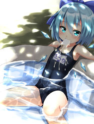 Rule 34 | 1girl, aqua eyes, blue hair, blush, bow, cirno, ebi 193, hair bow, ice, ice wings, mouth hold, one-piece swimsuit, partially submerged, popsicle, school swimsuit, short hair, solo, swimsuit, touhou, water, wings