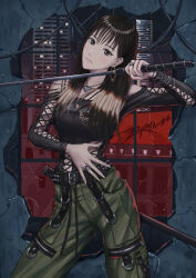 1girl aespa black_hair blunt_bangs bracelet commentary cowboy_shot cross-laced_clothes cross-laced_top earrings english_commentary giselle_(aespa) green_pants highres holding holding_sword holding_weapon jewelry k-pop long_hair looking_at_viewer necklace pants real_life ring sanoichi_01 solo sword weapon