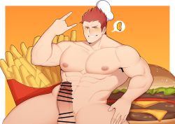 Rule 34 | 1boy, abs, absurdres, bar censor, bara, blush, burger, censored, completely nude, erection, food, french fries, fujimachine (clayten), highres, hot dog, jollibee, jollibee (mascot), large pectorals, looking at viewer, male focus, muscular, muscular male, navel, nipple slip, nipples, nude, oversized food, oversized object, pectoral cleavage, pectorals, penis, red hair, short hair, sideburns, sidepec, smile, solo, spiked hair, spread legs, stomach, thick thighs, thighs, veins, veiny penis