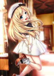 Rule 34 | 1girl, blonde hair, blue eyes, commentary request, dress, from behind, gloves, hat, himura moritaka, jervis (kancolle), kantai collection, long hair, looking at viewer, looking back, open mouth, sailor collar, sailor dress, sailor hat, short sleeves, solo, white dress, white gloves, white hat