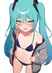 Rule 34 | 1girl, absurdres, alternate costume, aqua eyes, aqua hair, bare shoulders, bikini, blue hair, blush, breasts, collarbone, cowboy shot, furrowed brow, gradient hair, grey jacket, hair between eyes, hair ornament, hatsune miku, highres, jacket, kumada gaon, long hair, looking at viewer, multicolored hair, navel, open clothes, open jacket, open mouth, polka dot, polka dot bikini, purple bikini, simple background, small breasts, smile, smirk, smug, solo, swimsuit, vocaloid, white background