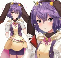 Rule 34 | 1girl, animal ears, belt, bernadetta von varley, bernadetta von varley (spring), blush, bow, bowtie, brown hairband, cowboy shot, dress, fake animal ears, fake tail, fire emblem, fire emblem: three houses, fire emblem heroes, flower, gloves, grey eyes, hair between eyes, hairband, highres, holding ear, lilshironeko, looking at viewer, multiple views, nintendo, official alternate costume, pink belt, polka dot, puffy short sleeves, puffy sleeves, purple bow, purple bowtie, purple hair, purple shorts, rabbit ears, rabbit tail, short hair, short sleeves, shorts, simple background, smile, tail, white background, white gloves, yellow dress