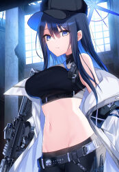 Rule 34 | 1girl, bare shoulders, baseball cap, black gloves, black hat, black pants, blue archive, blue eyes, blue hair, breasts, closed mouth, commentary request, crop top, day, gloves, groin, gun, hair between eyes, halo, hat, highres, holding, holding gun, holding weapon, indoors, jacket, kinona, long hair, long sleeves, looking at viewer, medium breasts, navel, off shoulder, open clothes, open jacket, pants, saori (blue archive), sig 516, solo, sunlight, very long hair, weapon, white jacket