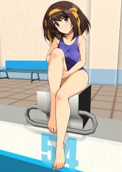 Rule 34 | 1girl, absurdres, bare shoulders, breasts, competition swimsuit, hair ornament, hairband, haruhisky, highres, looking at viewer, medium breasts, medium hair, one-piece swimsuit, one eye closed, simple background, solo, suzumiya haruhi, suzumiya haruhi no yuuutsu, swimsuit, thighs