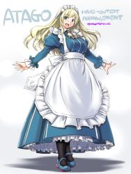 Rule 34 | 1girl, :d, adapted costume, alternate costume, apron, aqua eyes, ascot, atago (kancolle), black pantyhose, blonde hair, blue dress, blue footwear, breasts, character name, dress, enmaided, frilled apron, frilled sleeves, frills, full body, juliet sleeves, kantai collection, large breasts, legs together, long dress, long hair, long sleeves, looking at viewer, maid, maid apron, maid headdress, mary janes, open mouth, outstretched arms, pantyhose, petticoat, puffy sleeves, shoes, simple background, smile, solo, standing, tatsumi ray, white apron, white background