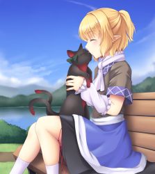 Rule 34 | 1girl, animal, arm warmers, bench, blonde hair, blue sky, cat, closed eyes, cloud, commentary request, day, holding, holding animal, holding cat, isaki (gomi), kaenbyou rin, kaenbyou rin (cat), kiss, kissing animal, lake, mizuhashi parsee, mountain, multiple tails, nekomata, pointy ears, scarf, shirt, short sleeves, sitting, skirt, sky, tail, touhou, two tails