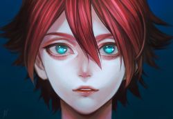 Rule 34 | 1boy, blue background, blue eyes, commentary request, copyright request, hair between eyes, male focus, murasaki (fioletovyy), parted lips, portrait, red hair, red lips, signature, simple background, solo
