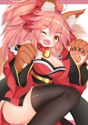 Rule 34 | 1girl, absurdres, animal ear fluff, animal ears, animal hands, bare shoulders, bell, black thighhighs, blush, breasts, cat paws, cleavage, collar, detached sleeves, fate/extra, fate/grand order, fate (series), fox ears, fox girl, fox tail, gloves, hair between eyes, highres, japanese clothes, jingle bell, kimono, large breasts, long hair, looking at viewer, neck bell, open mouth, paw gloves, paw shoes, pink hair, ponytail, red kimono, rokita, shoes, short kimono, sidelocks, smile, solo, tail, tamamo (fate), tamamo cat (fate), tamamo cat (first ascension) (fate), thighhighs, thighs, yellow eyes