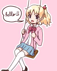 Rule 34 | 10s, 1girl, alice cartelet, bad id, bad pixiv id, blonde hair, blue eyes, english text, hair ornament, hair stick, kin-iro mosaic, outline, over-kneehighs, pink background, school uniform, shoes, skirt, smile, solo, swing, thighhighs, twintails, white outline, white thighhighs, yaplus