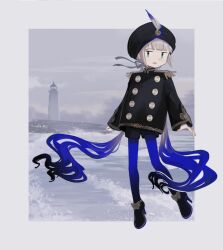 Rule 34 | 1boy, aqua eyes, captain nemo (fate), ccg, epaulettes, fate/grand order, fate (series), gradient hair, grey background, hat feather, jacket, lighthouse, long hair, multicolored hair, nemo (fate), pantyhose, shorts, turban, twintails, water