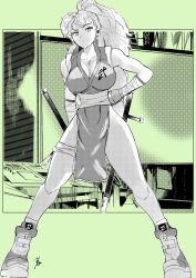 Rule 34 | 1girl, artist logo, bandaged arm, bandages, bare shoulders, breasts, capcom vs snk 2, cleavage, clenched hand, collarbone, final fight 2, full body, genryuusai maki, greyscale, hand on own hip, high ponytail, highres, hiroshi mono, holding, holding weapon, japanese clothes, long hair, looking at viewer, medium breasts, monochrome, ninja, pelvic curtain, ponytail, screentones, shoes, signature, sleeveless, sneakers, solo, street fighter, thigh strap, thighs, tonfa, weapon